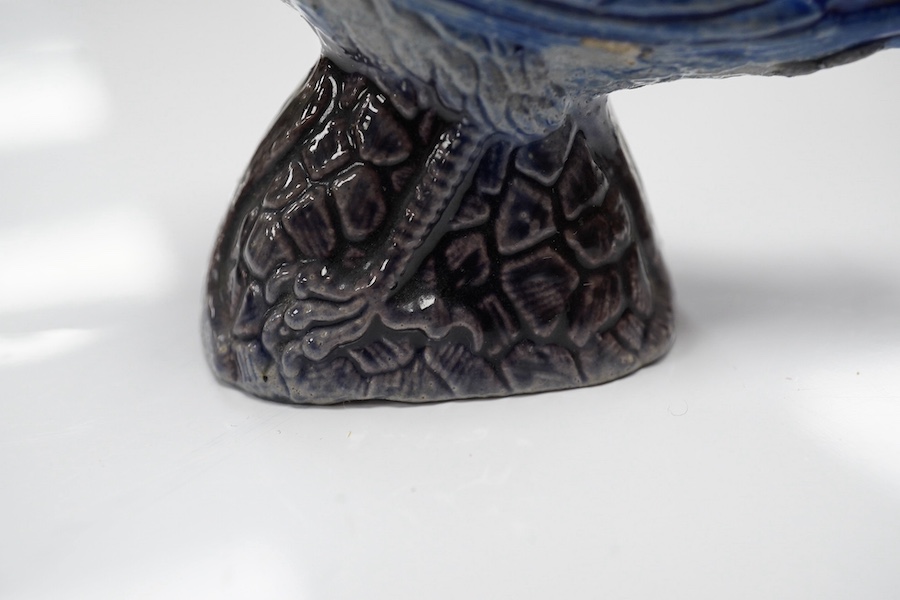 A German Rhenish stoneware songbird whistle, glazed in blue and grey, 9cm high. Condition - good